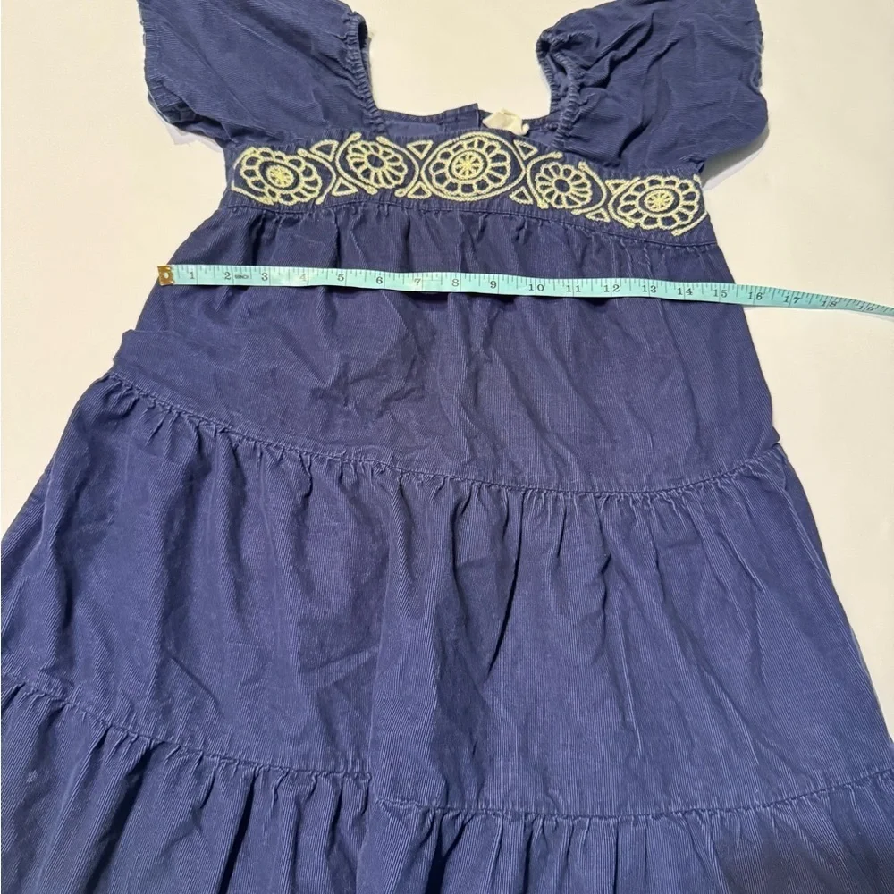 Mini Boden Blue Cream Embroidered Corduroy Dress Years Short Sleeve Tiered 9-10